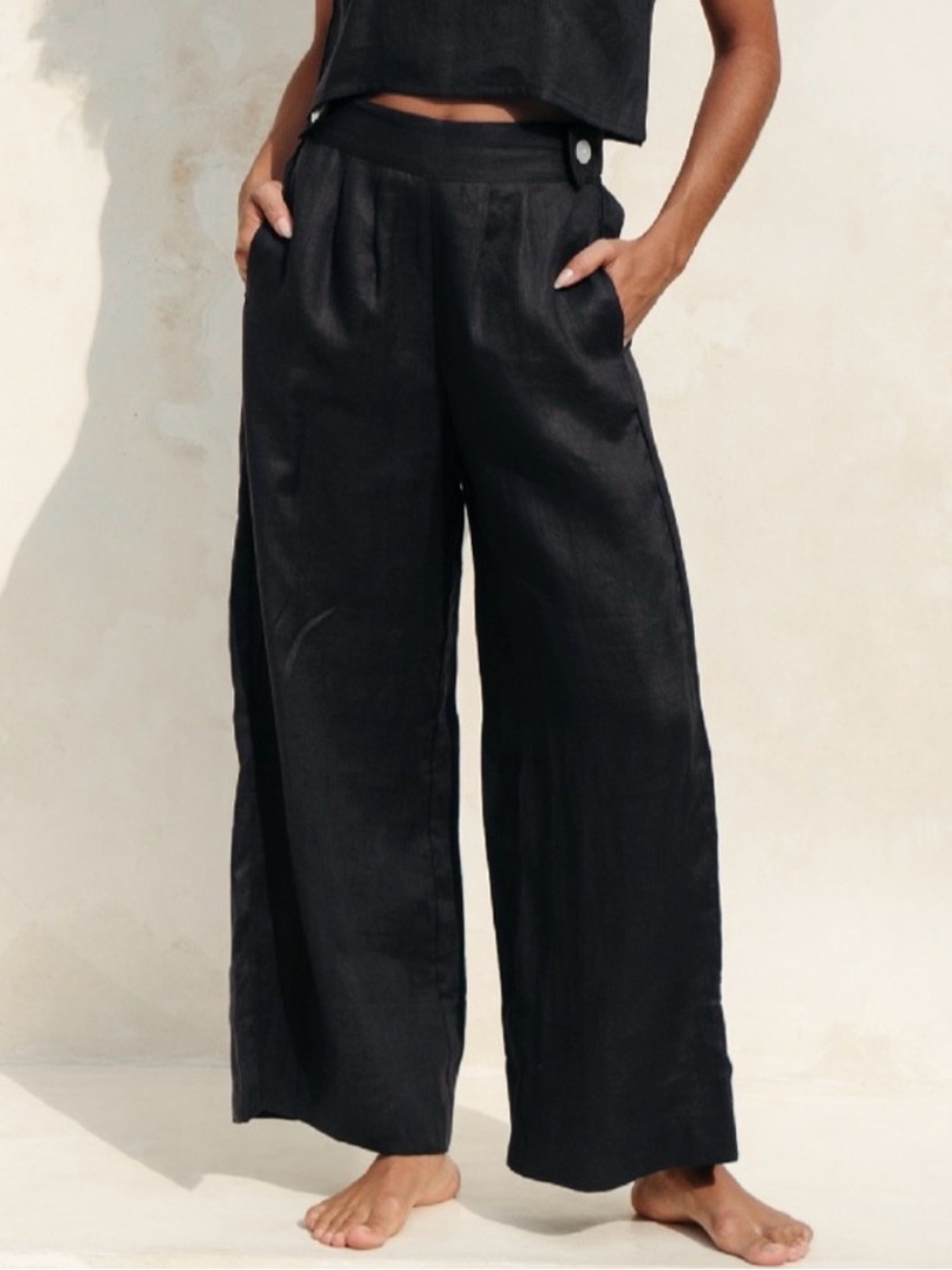 Free the Label Black 100% Linen High Waist Wide Leg Monaco Pants | Size M